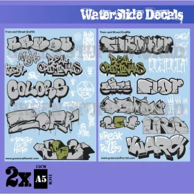   Green Stuff World - Waterslide Decals - Train And Graffiti Mix - Silver And Gold